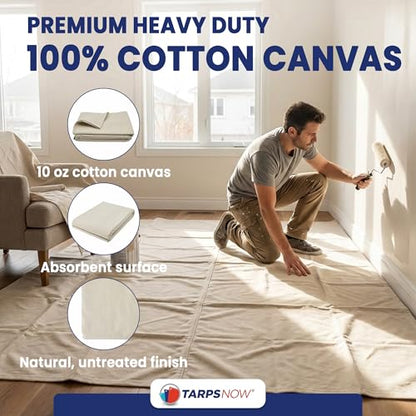 Tarps Now 4x15 ft Premium Heavy Duty Canvas Drop Cloth for Painting - Reusable Painter Tarp, 100% Cotton Fabric Floor Cover & Furniture Protection, Washable Paint Drop Cloth - size: 4' x 15'