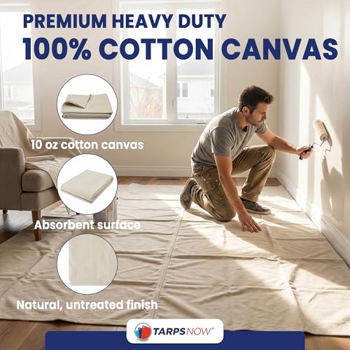Tarps Now 4x15 ft Premium Heavy Duty Canvas Drop Cloth for Painting - Reusable Painter Tarp, 100% Cotton Fabric Floor Cover & Furniture Protection, Washable Paint Drop Cloth - size: 4' x 15'