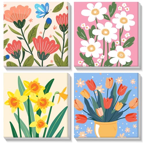 MISCER 4 Pack Flowers Paint by Numbers for Adults Beginner, Paint by Number Kits for Kids, DIY Acrylic Oil Painting Suitable for Home Decoration (8x8inch) - color: MK018