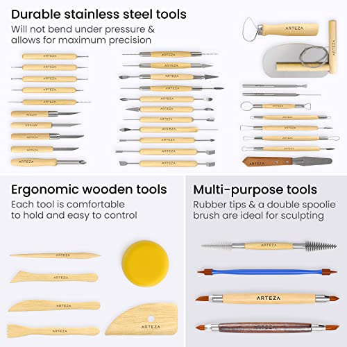 ARTEZA Pottery & Sculpting Tools, 42-Piece Clay Tools Set with Wooden Handles & Steel Tips for Polymer Clay, Ceramics, Carving, Modeling, Shaping & Smoothing - size: Set of 42