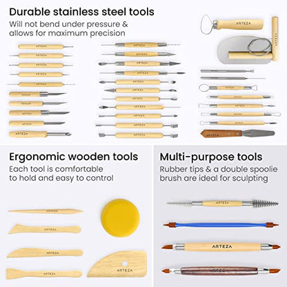 ARTEZA Pottery & Sculpting Tools, 42-Piece Clay Tools Set with Wooden Handles & Steel Tips for Polymer Clay, Ceramics, Carving, Modeling, Shaping & Smoothing - size: Set of 42