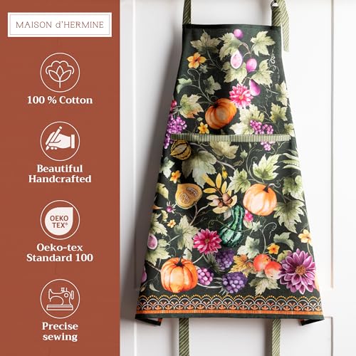 Maison d' Hermine Aprons for women with Pocket 100% Cotton (27.50"x31.50") | Adjustable Neck Strap & long ties Apron Men Chef Wedding Cooking Gardening Server Maid - color: 060 - Pumpkin Garden - Dark Green