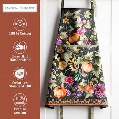 Maison d' Hermine Aprons for women with Pocket 100% Cotton (27.50"x31.50") | Adjustable Neck Strap & long ties Apron Men Chef Wedding Cooking Gardening Server Maid - color: 060 - Pumpkin Garden - Dark Green
