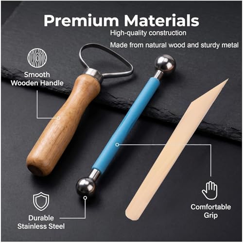 Pottery Tools & Clay Sculpting Kit | Perfect for Polymer, Air Dry & Ceramic Clay, Complete Set for Modeling, Trimming, Dotting, Carving & Shaping (Wood-48Pcs)