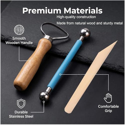 Pottery Tools & Clay Sculpting Kit | Perfect for Polymer, Air Dry & Ceramic Clay, Complete Set for Modeling, Trimming, Dotting, Carving & Shaping (Wood-48Pcs)