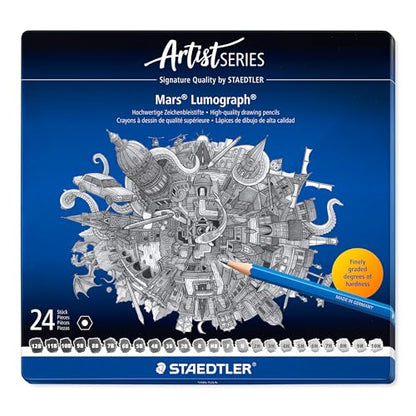 STAEDTLER Mars Lumograph Drawing Pencils: Set of 24 in Metal Case - Presharpened Graphite Art Pencils - Hardness Grades 12B-10H - For Drawing, Shading, Drafting & Illustrating - All Skill Levels - style: Tin of 24