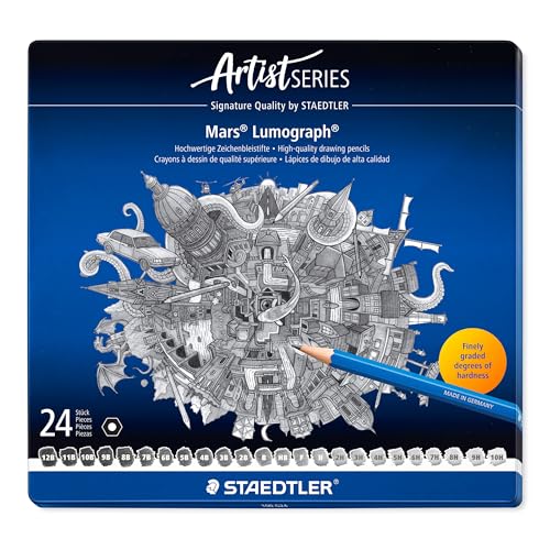 STAEDTLER Mars Lumograph Drawing Pencils: Set of 24 in Metal Case - Presharpened Graphite Art Pencils - Hardness Grades 12B-10H - For Drawing, Shading, Drafting & Illustrating - All Skill Levels - style: Tin of 24