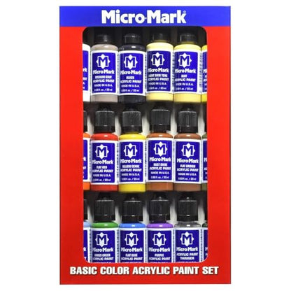 Micro-Mark Basic Color Model Water-based Acrylic Paint Set - Artist-Grade Pigment Colors for Miniatures, Models, Wargaming & Crafts, Fast-Drying | Made in the USA | 18 Bottles x 20 ml (0.68 fl.oz.)