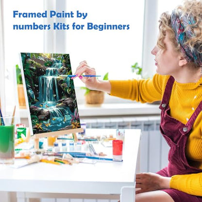 MOGTAA Paint by Numbers Kit for Adults with Frame, River Landscape Paint by Number Canvas, Flowers Paint by Numbers with Easel, DIY Butterfly Oil Painting Kit for Home Wall Decor 8 x 12 Inch