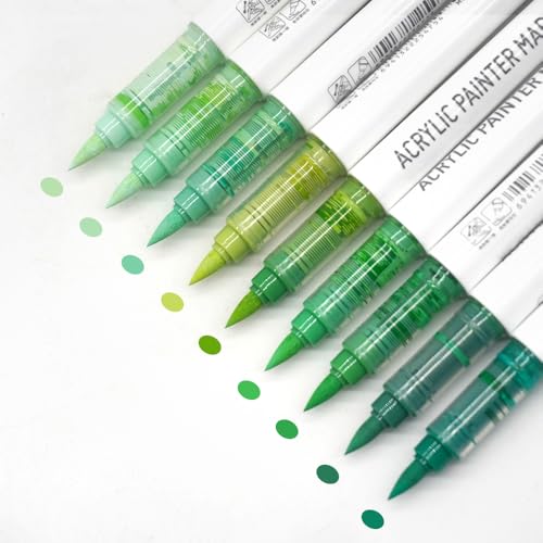 Water Based Acrylic Paint Markers Green, 9 Colors Paint Pen Set | Natural Green Series, Soft Brush Tip, Smooth Writing, Marker Pen for Rock Painting, Egg, Wood, Glass, Mugs, Black Paper - color: Green Series