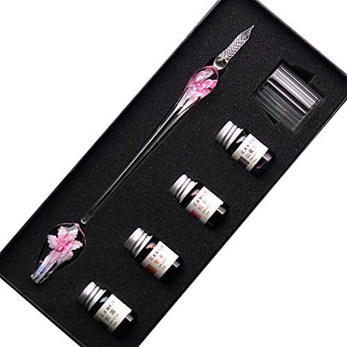 Crystal Glass Intarsia Dip Pen Fountain Pen Kit Vintage Calligraphy Signatures Pen with 4 Colors Ink, Pen Holder, Cleaning Cup, Pink - color: pink