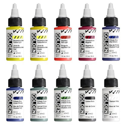 High Flow Acrylics by GOLDEN, High Flow Mixing Set, 10 Colors, Professional Acrylic Paint