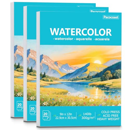 Pacocoast 9"x12" Cold Press Watercolor Paper Pad, 3Pack, Glue Bound, Teal - color: Teal, size: 9" x 12"(Pack of 3)