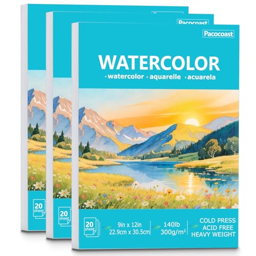 Pacocoast 9"x12" Cold Press Watercolor Paper Pad, 3Pack, Glue Bound, Teal - color: Teal, size: 9" x 12"(Pack of 3)