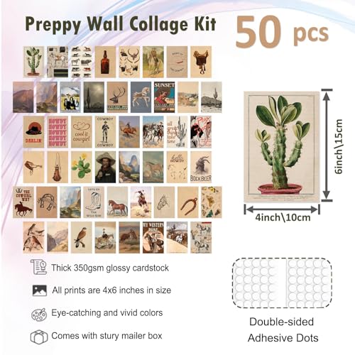 KBKBART 50 Pcs Vintage Western Cowboy Pictures Wall Decor, Farmhouse Western Wall Art Prints, Southwestern Boho Old Wild Collage Kit 4"x6", Vintage Cowgirl Aesthetic Poster for Bedroom, Teen Girl Dorm Decor - color: Western