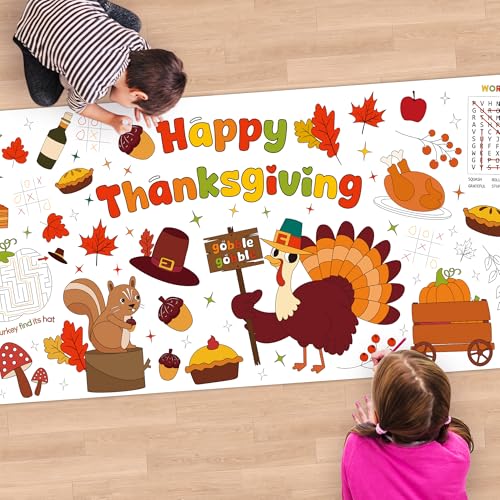 Childom 1 Pack Thanksgiving Coloring Tablecloth for Kids,Thanksgiving Crafts for Kids,30 x 72 Inch Disposable Paper Table Cover,Giant Coloring Poster for Children Gifts Games Activities Holiday Party - color: Thanksgiving Coloring
