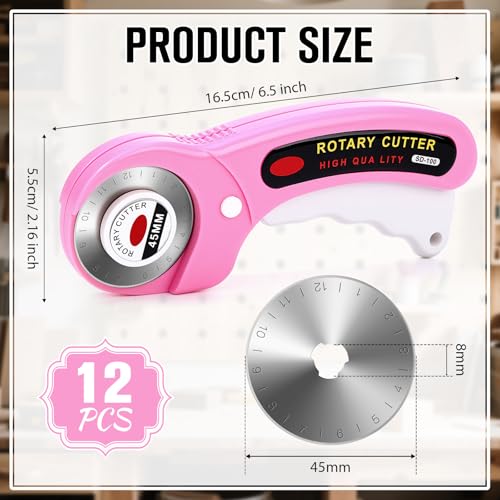 Lothee 12 Set 45mm Rotary Cutter for Fabric, Ergonomic Handle Rolling Cutter with Safety Lock for Fabric, Sewing, Quilting, Cloth, Paper, Leather, Arts Crafts Dressmaking(Pink) - color: Pink