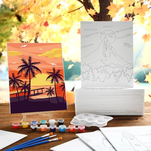 Harloon 36 Pcs 8 x 10 Inch Pre Drawn Canvas for Painting Pre Stretched Canvas Painting for Adults Illustration Landscape Outline for Sip and Paint Party Supplies Favor - style: Mountain