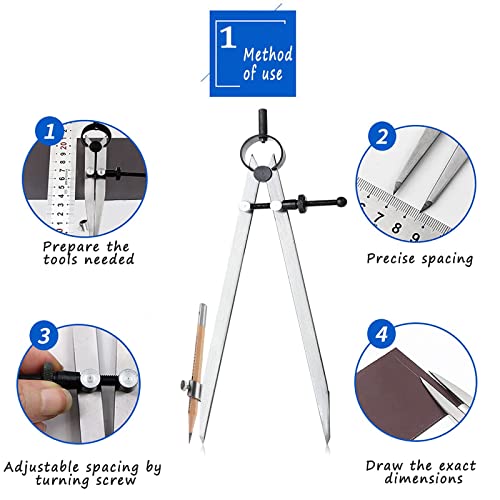 Compass for Geometry, 12 inch Professional Leather Work Divider, Woodworking Compass with Pencil Holder, Spring Divider Wing Compass, Drawing Compass for Leather and Woodworking - size: 12IN
