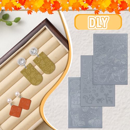 DoubleFill 12 Pcs Fall Polymer Clay Texture Sheets Set, Maple Leaves, Pumpkin Miniature Clay Molds Pine Cone Pattern Silicone Polymer Clay Molds for Fall Autumn Thanksgiving Jewelry Earrings Making - style: Autumn