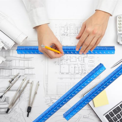 Macarrie 10 Pcs Architectural Scale Ruler 12" Architect Engineers Scale Triangular Ruler Set Aluminum Metal Rulers with Imperial Measurements for Architect School Student Draftsman Engineer (Blue) - color: Blue