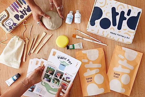 Pott'd Pottery Kit, Air Dry Clay Kit for Adults & Beginners | At Home Pottery Making Kit with Air Dry Clay, Tools, Paints, Brushes, Sealant and Step-by-Step Guide - style: Glitter Paints