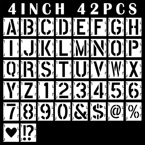 Alphabet Letter Stencils 4 inch, 42 Pcs Reusable Plastic Letter and Number Templates Alphabet Symbol Craft, Art Craft Stencils for Painting on Wood, Wall, Glass, Fabric, Rock, Signage - size: 4 inch