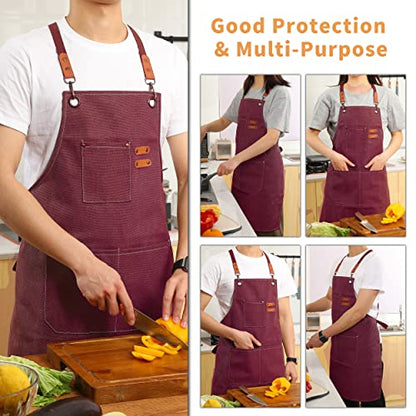 Tosewever Canvas Cross Back Chef Cotton Aprons for Men Women with Large Pockets - color: Dark Red