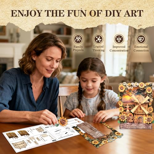3D Puzzles for Adults Sunset Windmill Wooden Bloom Craft with LED Light - color: Sunflower-1