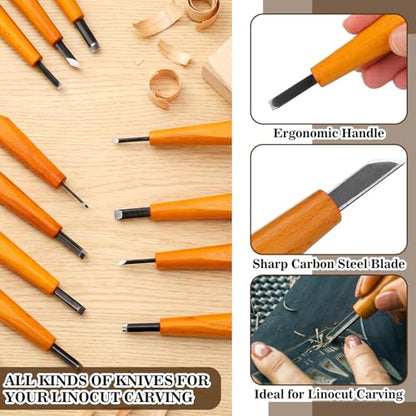 20 Pcs Linocut Carving Tools Set Triangular Flat Slanted Half-round Linocut Tools Carving Knife Chisel Kits for Woodworking Printmaking DIY Stamp Sculpture Beginner Sculpture
