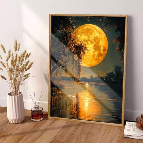 Moonlight Lakeside Diamond Art,A Romantic and Serene Golden Full Moon Diamond Art Kits for Adults Beginner,Gift for Mother 5D DIY Full Drill Diamond Painting Gem Art, Home Wall art (12x16 inch) - color: DP03656