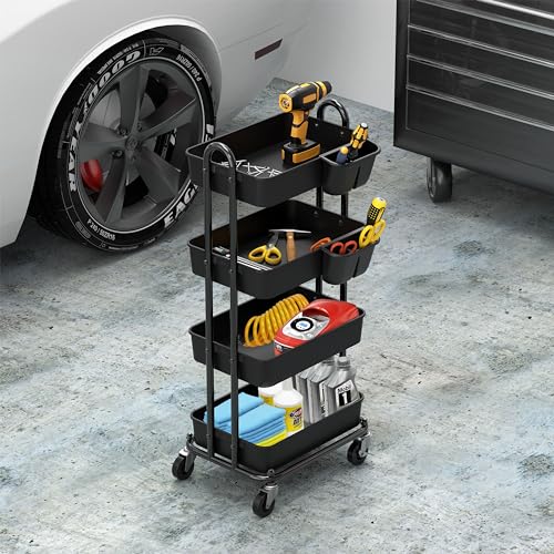 Simple Houseware 4-Tier Rolling Utility Cart with Hanging Bucket, Black - color: Black, size: 4-Tier
