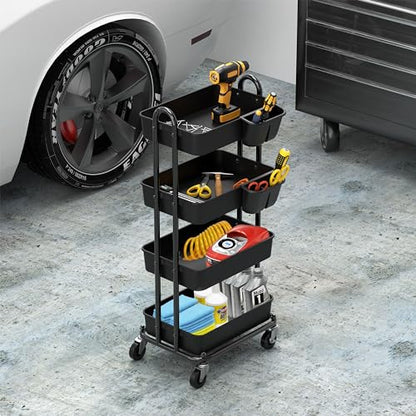 Simple Houseware 4-Tier Rolling Utility Cart with Hanging Bucket, Black - color: Black, size: 4-Tier