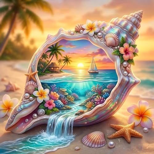 5D Seashell Beach Diamond Art kits for Adults Beginners 13.8x13.8 Inch - color: KM1179-1