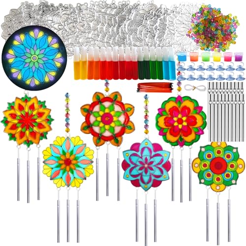 30 Set Mandala Suncatcher Wind Chime Craft Kits, Flower DIY Window Art | Mandala Flower Craft Art Kit decor for Spring Summer seasonal events, home gatherings, celebrations, art projects - style: Mandala Wind Chimes