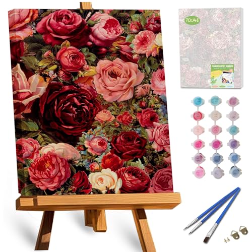 TOCARE Framed Paint by Numbers Kit for Adults, 12x16Inch Rose Paint by Numbers with Frame, Red Rose Adult Paint by Number Framed Canvas for Lovers (Without Easel) - color: TC-F-299