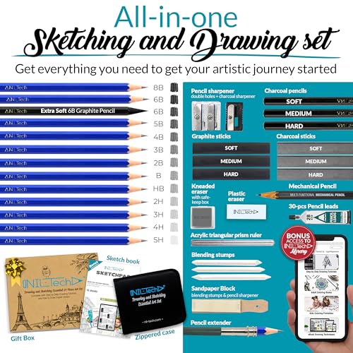 NIL - TECH 37-Pc Professional Drawing Set & Sketching Kit for Adults – Complete Art Supplies with Travel Case, Sketch Pad & Tutorials – Ideal Gift for Sketching - color: Graphite Grey