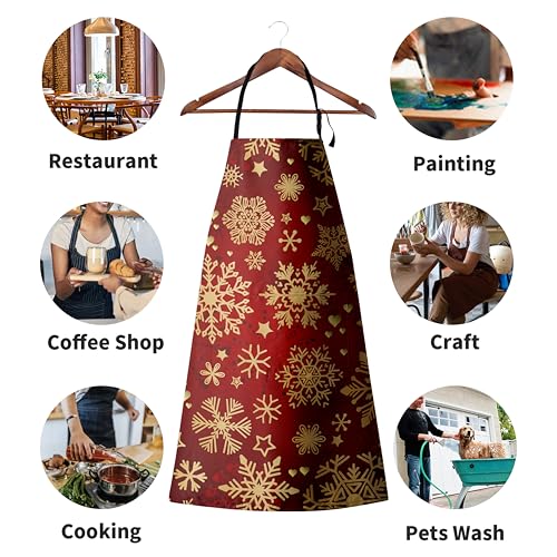 Winter Apron Gold Snowflakes Apron for Adult Red Christmas Aprons with Adjustable Strap Baking Aprons with Two Pockets for Cooking,Crafting, Painting - color: Gold Snowflakes