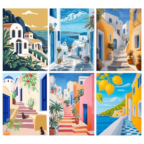 Amaieuin 6 Pack Paint by Numbers Kit for Adults Beginner,Canvas Paint by Numbers for Adults,Easy Adult Paint by Numbers for Home Decor Gift 12x8in - color: 6 Pack Buildings, size: 12x8in