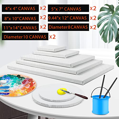 14 Packs Stretched Canvases for Painting, Multi Pack 11x14, 9.44x12, 8x10, 5x7, 4x4, Round Canvas with 8x8,10x10(2 of Each), Blank Primed Canvas, for Oil Paint, Acrylic Paint, for Beginners, Artists. - size: Multisize 14 Pack