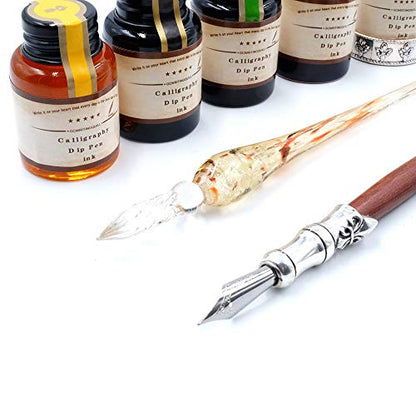 MU-02 Calligraphy Pen Set, Glass Dip Pen and Handcrafted Wooden Dip Pen Gift Set with 5 Colors Calligraphy Ink 6 Nibs, Calligraphy Set for Beginners