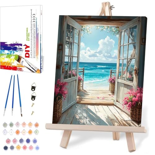 DIY Scenery Paint by Numbers Kit for Adults with Framed Canvas,Landscape Beach Digital Oil Painting Kit for Beginners,Acrylic Paint by Number Kits with Wooden Easel for Holiday Gifts 12X16 Inch. - color: DKMT0277