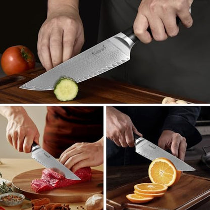 KUISINE 14-Piece Damascus Knife Set with Block, Ultra Sharp | Ergonomic Non-slip Handle Chef Knife Set with Built-in Sharpener, Dishwasher Safe, Luxury Gift for Holiday - color: Silver, size: 14 pieces