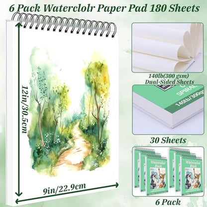 UZLU 6 Pack Watercolor Paper Pads, 9 x 12 Inch, 180 Sheets Total - size: 9x 12 in