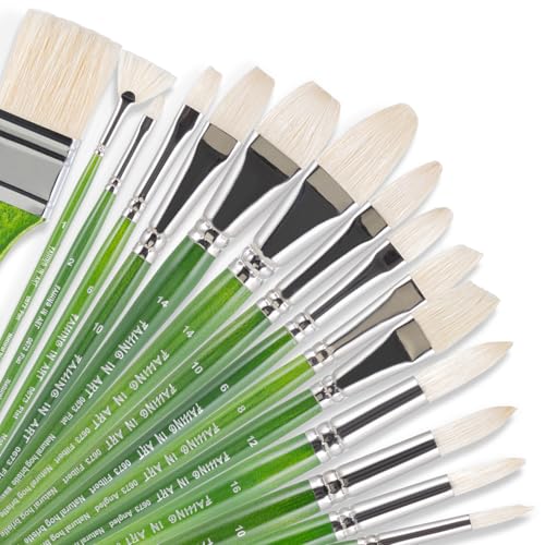 Falling in Art 15 Pcs Professional Oil Paint Brush Set, Natural Hog Bristle - color: Green