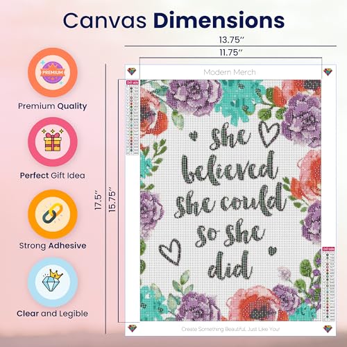 Modern Merch Inspirational Diamond Art for Adults DIY Motivational Quote Wall Art Floral 5D Diamond Painting for Adults, Flowers Cross Stitch Gem Art, Round Drill 12x16 - color: She Believed