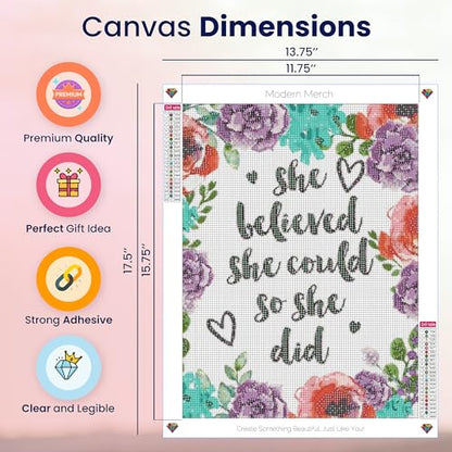 Modern Merch Inspirational Diamond Art for Adults DIY Motivational Quote Wall Art Floral 5D Diamond Painting for Adults, Flowers Cross Stitch Gem Art, Round Drill 12x16 - color: She Believed