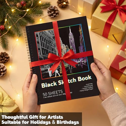 Black Paper Sketchbook 2 Pack, 7.6 × 10 in, 50 Sheets, Spiral Bound | 160gsm Acid-Free Black Paper, Mixed Media for Pencils, Chalk, Metallic Markers, Easy-Tear Pages, Lays Flat - size: 7.6×10 Inch (2 Pack )