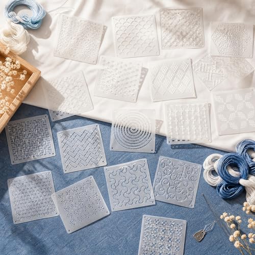 25 Pcs Sashiko Stencil, 4.7 X 4.7 Inch Plastic Sashiko Template Geometric Embroidery Patterns, Fabric Embroidery Stencils Quilting Templates Drawing Line for Hand Quilting Mending Supplies