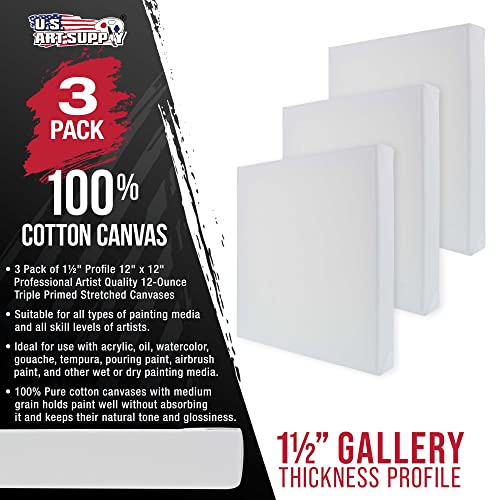 U.S. Art Supply 12"x12" Stretched Canvas for Painting, Gallery Depth 3-Pack - size: 12" x 12"